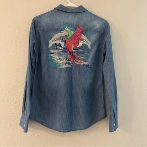 Tommy Bahama Blue Chambray Shirt with Embroidered Colorful Parrot Size XXS